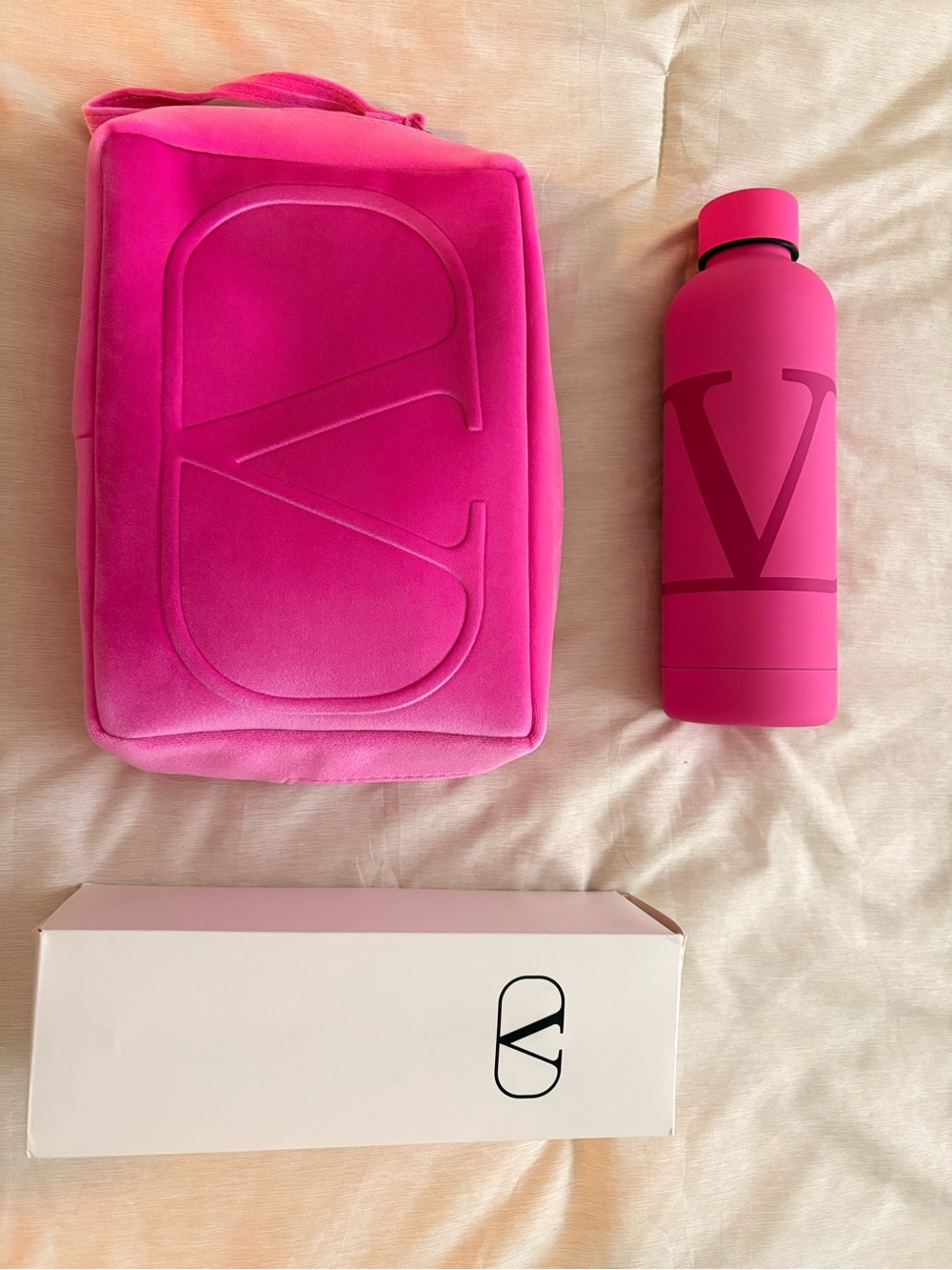 Valentino Hot Pink Logo Velvet Crossbody with Matching Bottle